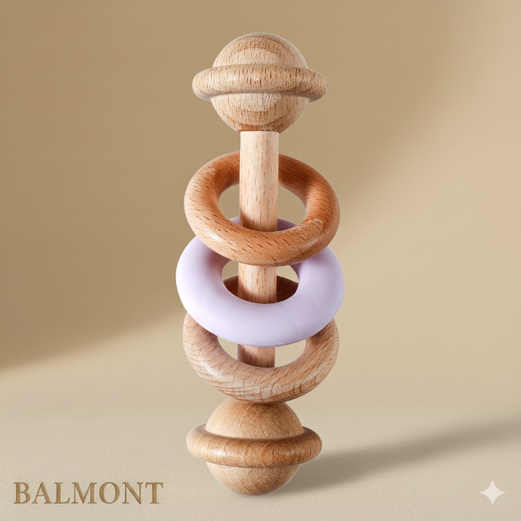 Hochet bébé bois et silicone sensoriel