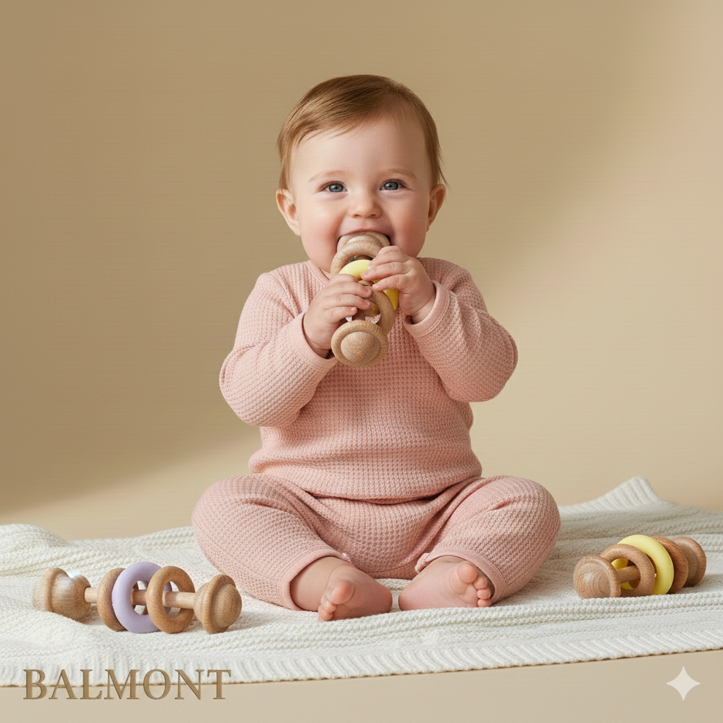 Hochet bébé bois et silicone sensoriel