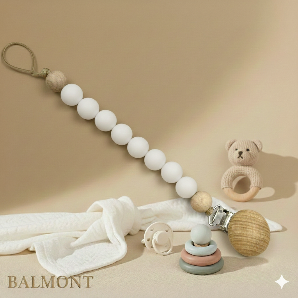 Attache-tétine bébé en bois et silicone