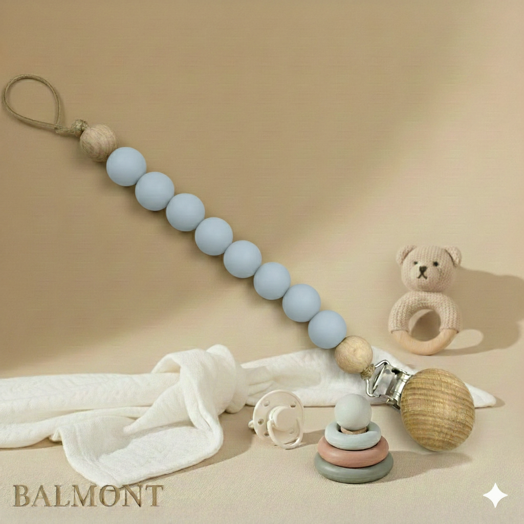 Attache-tétine bébé en bois et silicone