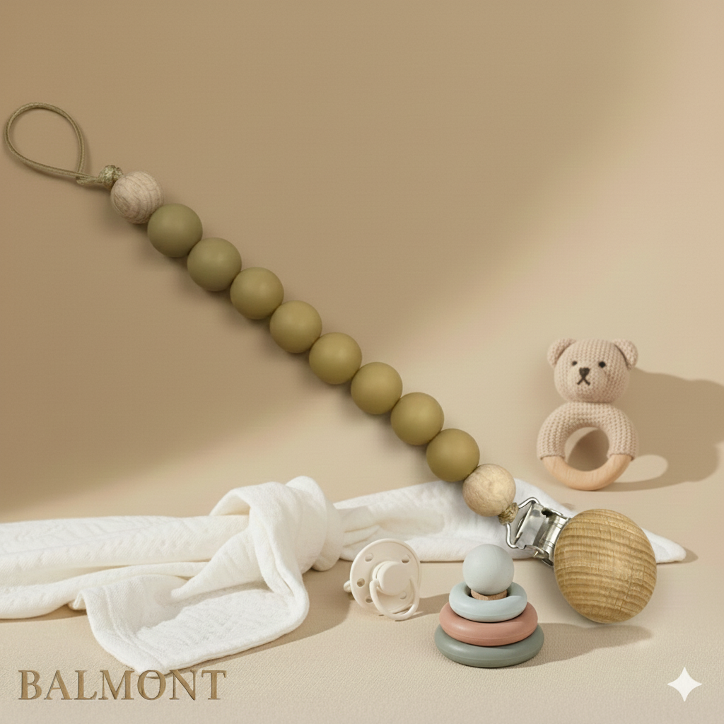 Attache-tétine bébé en bois et silicone