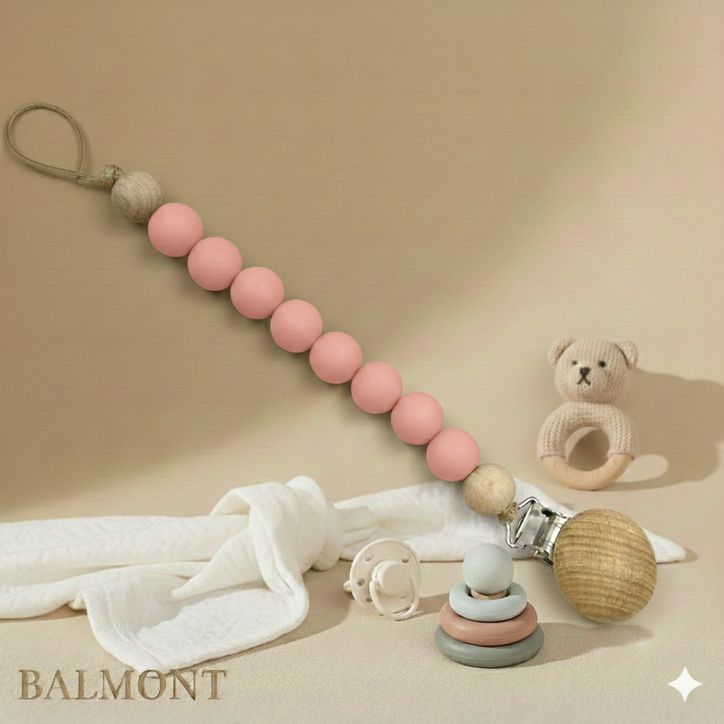 Attache-tétine bébé en bois et silicone