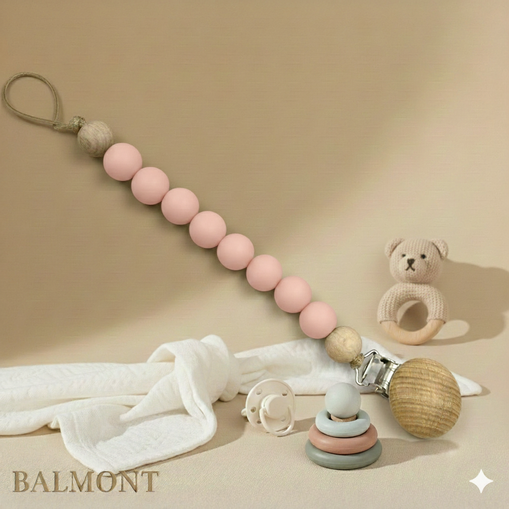 Attache-tétine bébé en bois et silicone