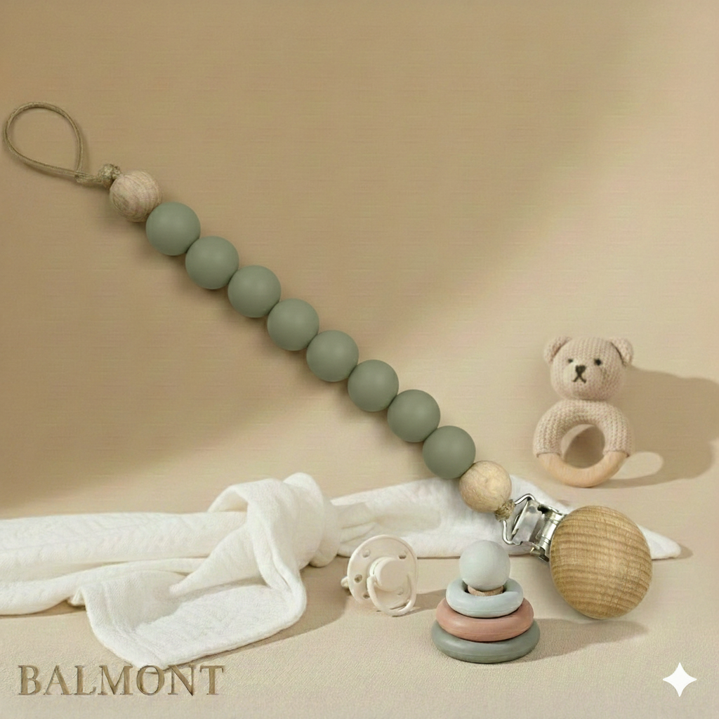 Attache-tétine bébé en bois et silicone