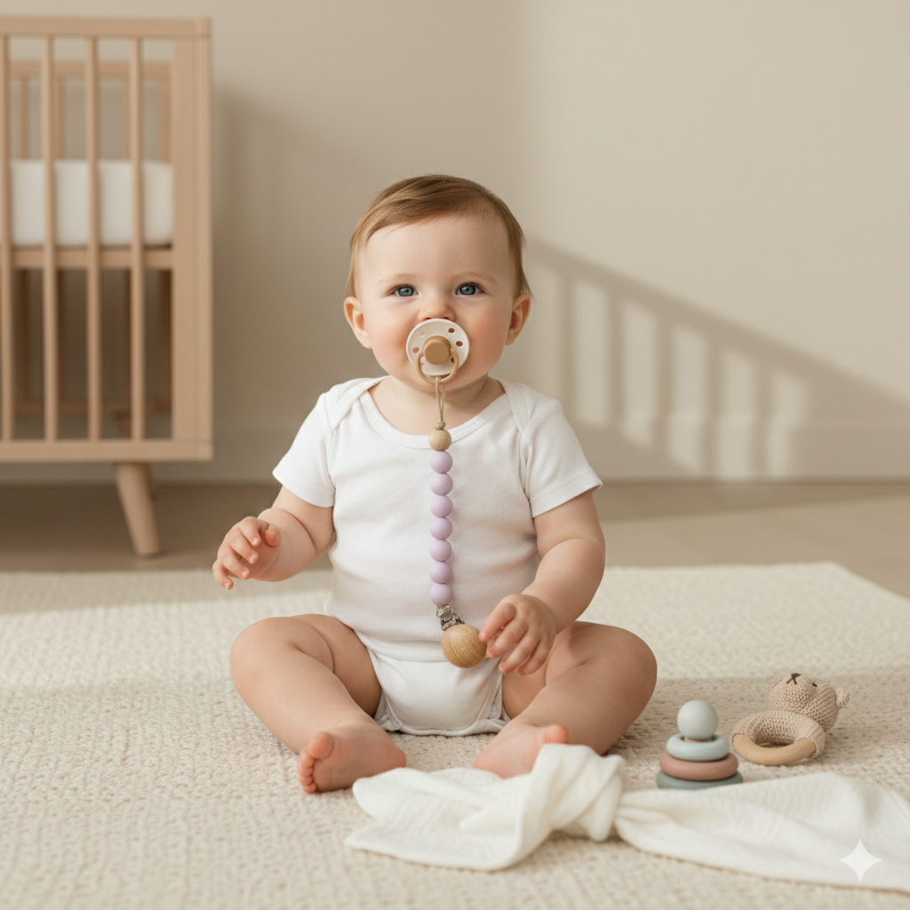 Attache-tétine bébé en bois et silicone